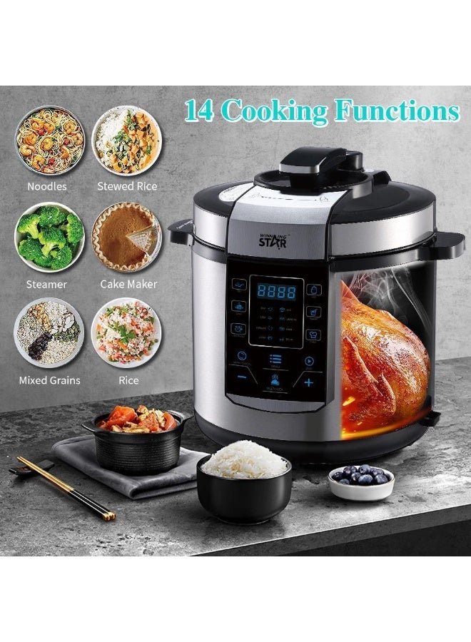 Winning Star, pressure cooker, capacity 6 liters, digital, 14 functions, spoon and measuring cup accessories, stainless steel, 1000 watts, black silver, M/ST-9303 - Image 2